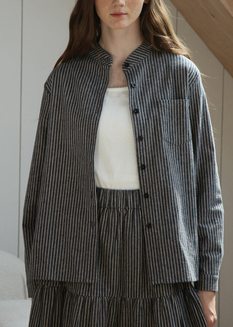 Loose Stand Collar Striped Button Cotton Shirt Spring