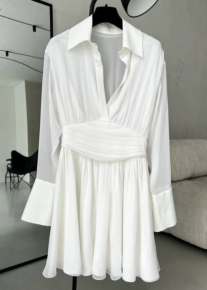 French Black Peter Pan Collar Button Chiffon Shirts Dress Spring