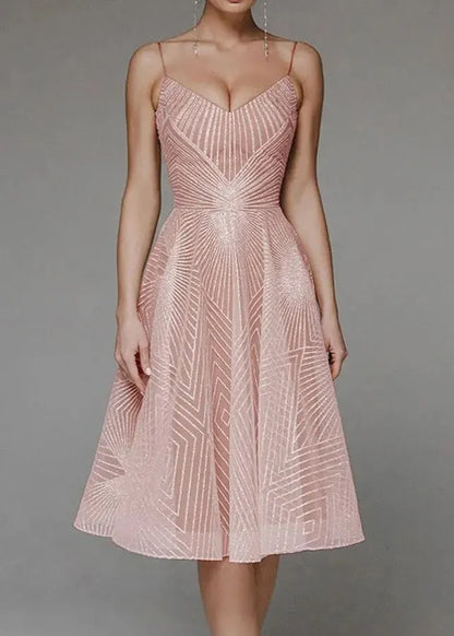 Art Beige Embroidered Spaghetti Strap Dress Summer