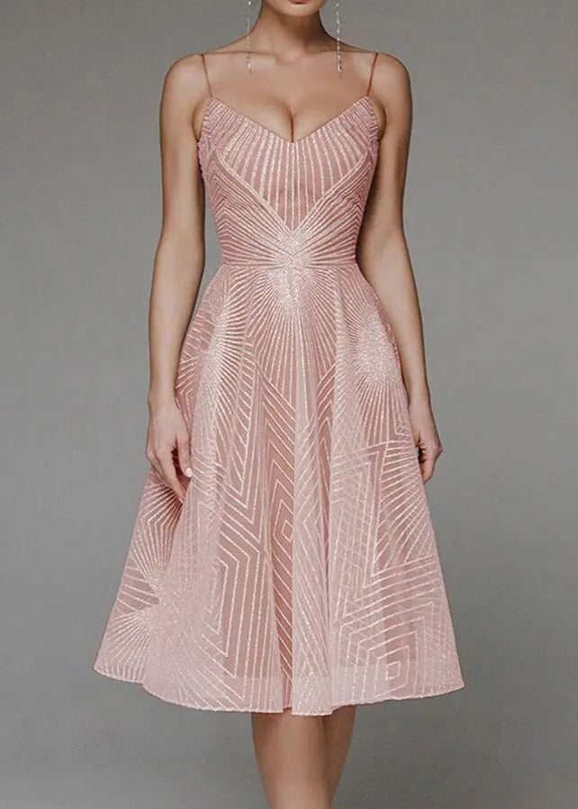 Art Beige Embroidered Spaghetti Strap Dress Summer