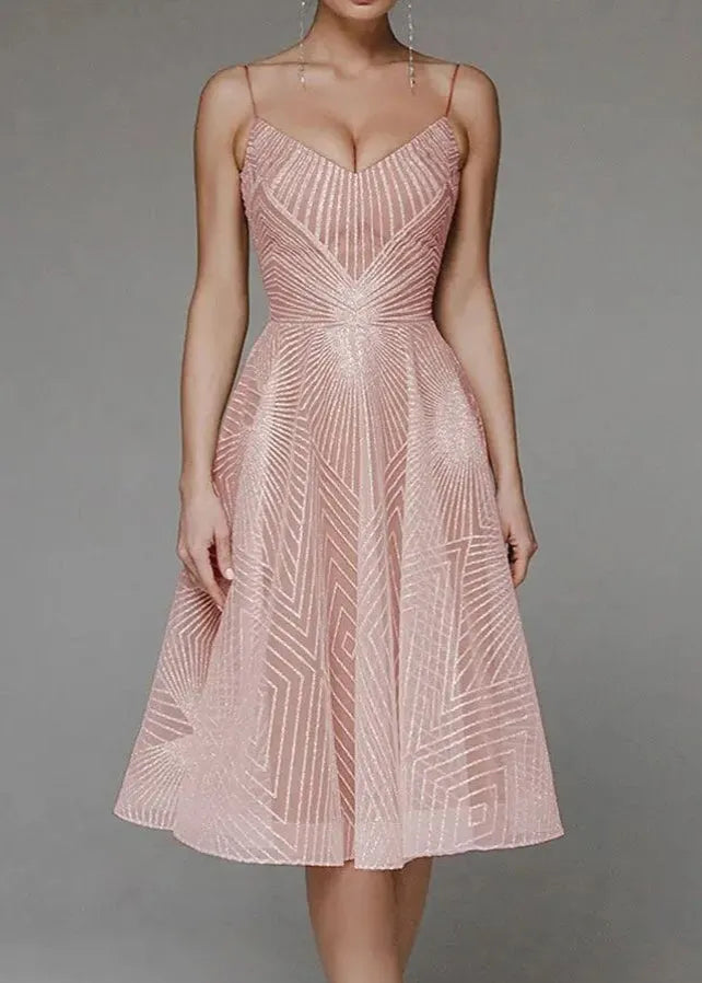 Art Beige Embroidered Spaghetti Strap Dress Summer