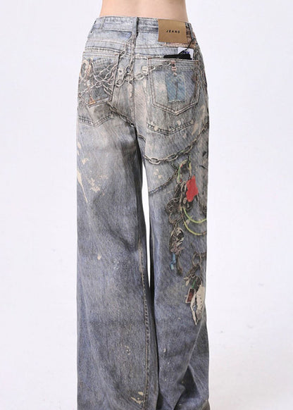 Blue Pockets Chain Print Denim Straight Pants Spring