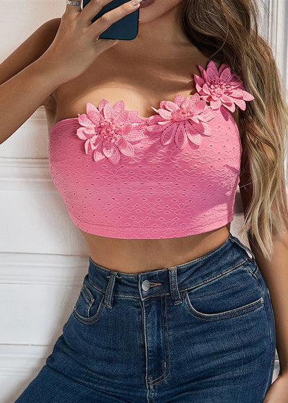 Pink Dimensional Flower Single Shoulder Camisole Top With