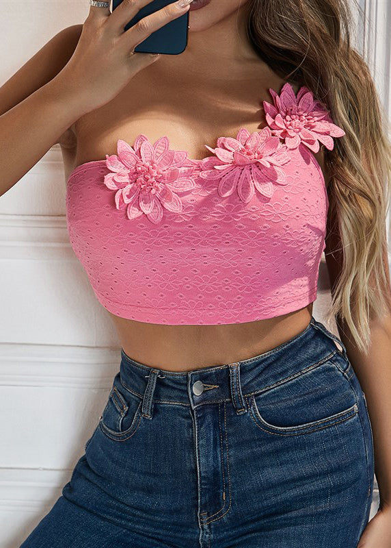 Pink Dimensional Flower Single Shoulder Camisole Top With