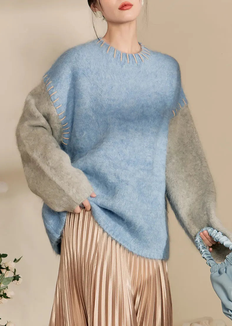Loose Blue O-neck Patchwork Thick Cotton Knit Sweaters Winter