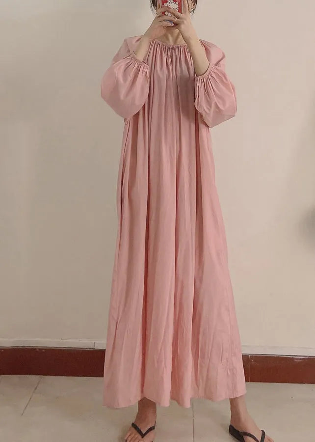 Pink Wrinkled Pockets Maxi Dress Long Sleeve