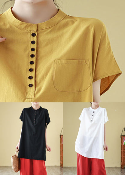 Simple Yellow Button Pockets Cotton T Shirt Short Sleeve