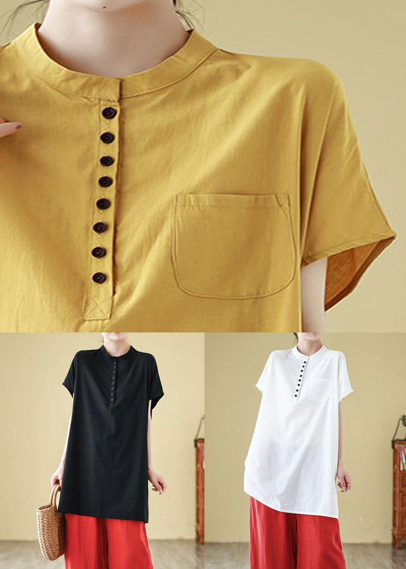 Simple Yellow Button Pockets Cotton T Shirt Short Sleeve