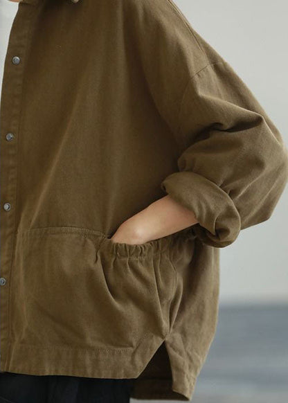 Army Green Ruffled Pockets Color Cotton Jacket Long Sleeve