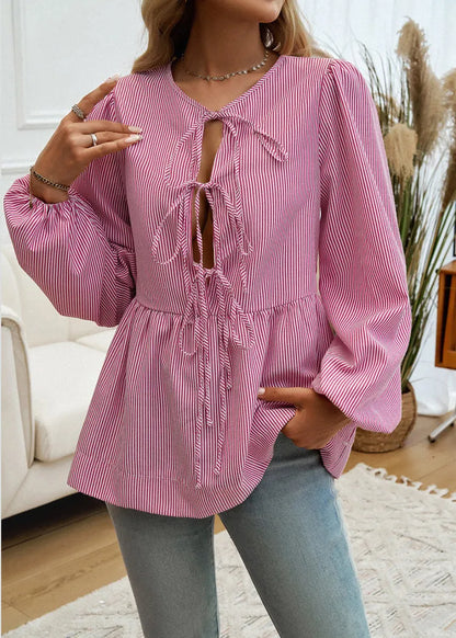 Light Green Striped Lace Up Patchwork Cotton Shirt Fall