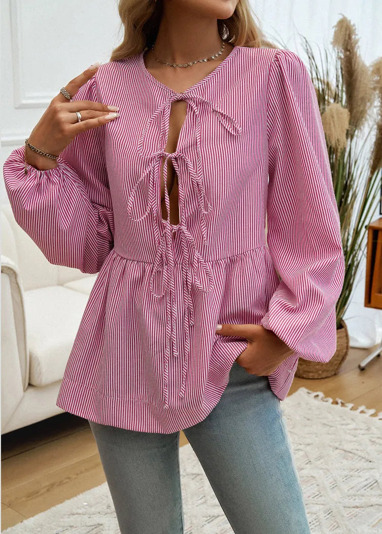 Light Green Striped Lace Up Patchwork Cotton Shirt Fall