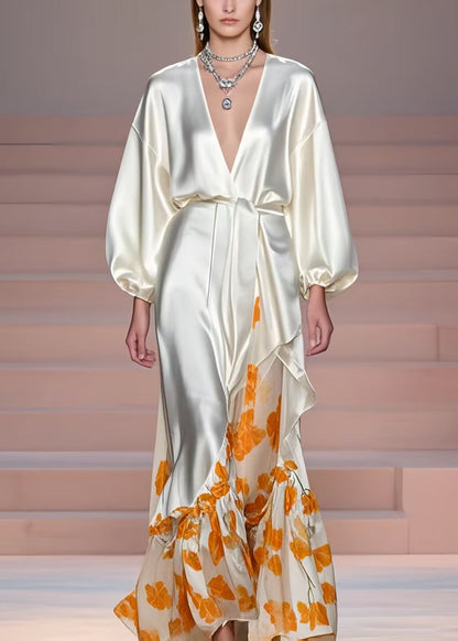 Milk White V Neck Print Silk Vacation Dresses Spring