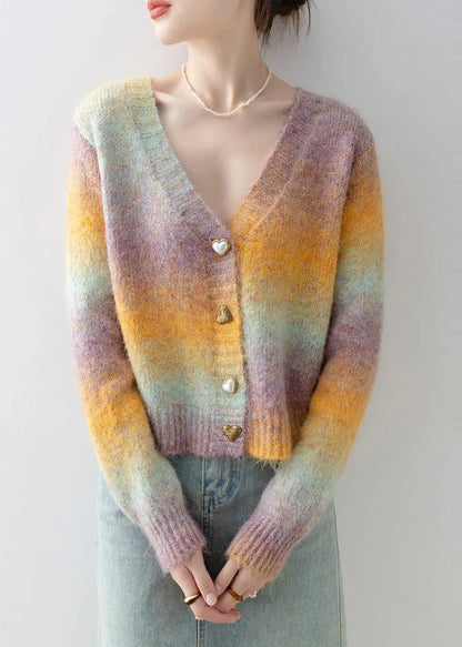 Italian Gradient Color V Neck Warm Knit Cardigan Winter