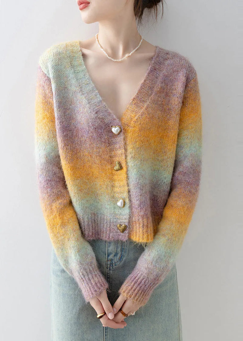 Italian Gradient Color V Neck Warm Knit Cardigan Winter