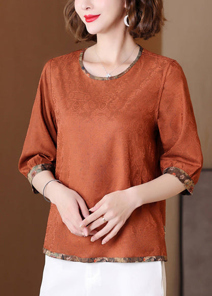 Loose Coffee O Neck Print Wear on Both Sides Silk Shirts Summer