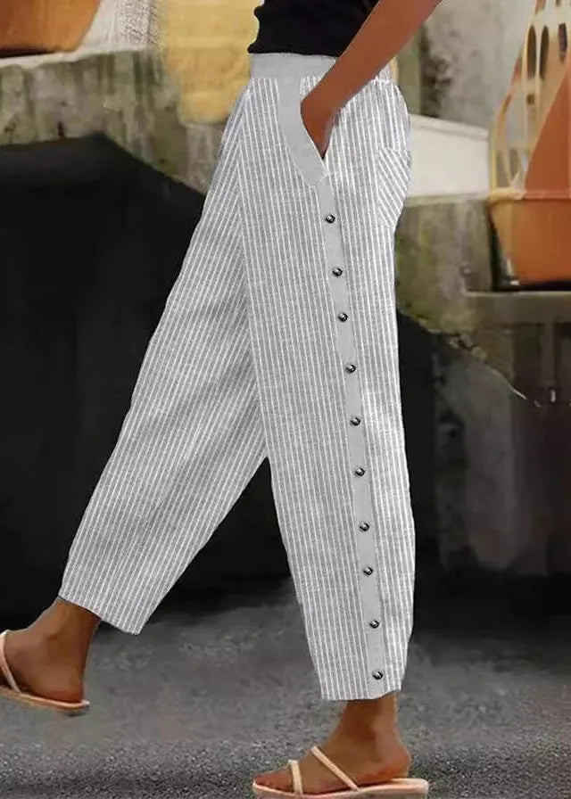 Blue Striped Pockets High Waist Cotton Crop Pants Summer