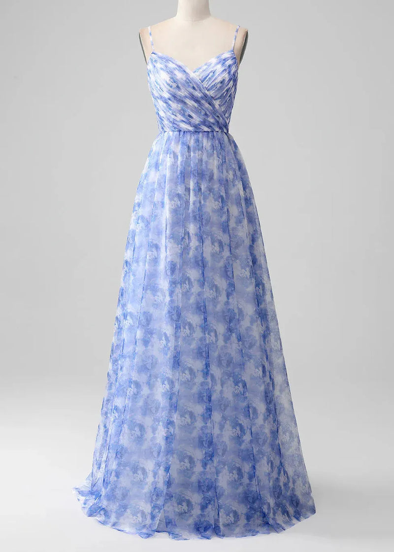 Blue Print Lace Up Chiffon Spaghetti Strap Dress Sleeveless
