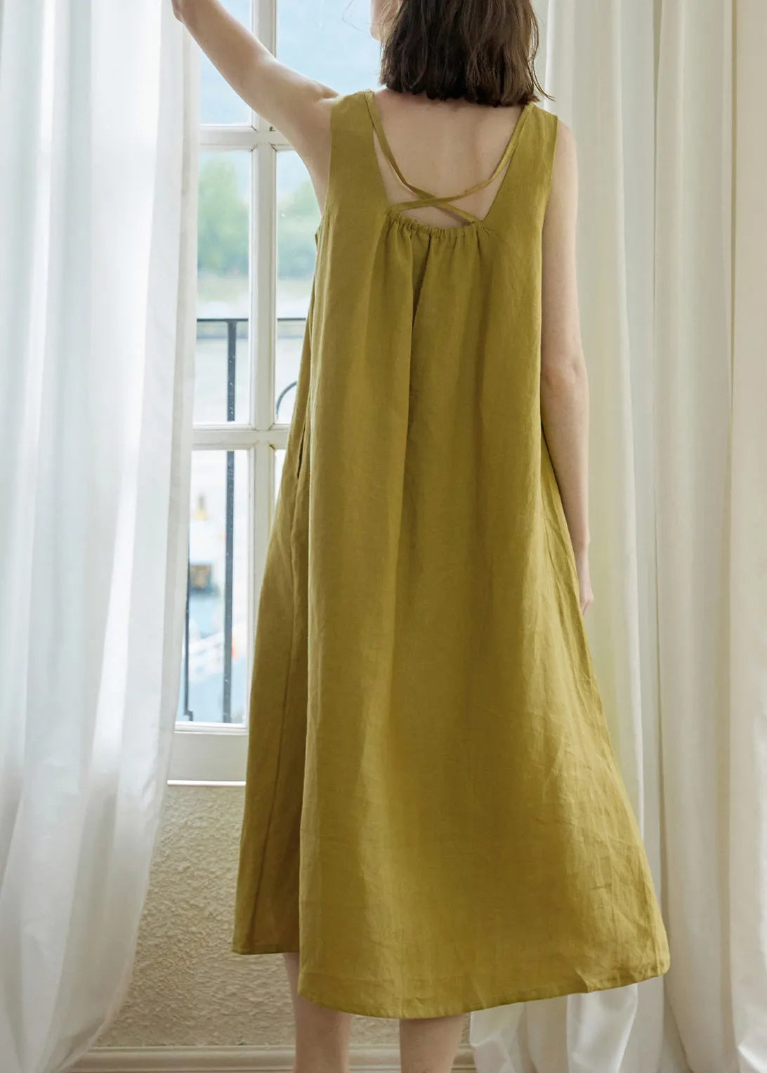 Yellow Green Square Collar Backless Linen Dress Sleeveless