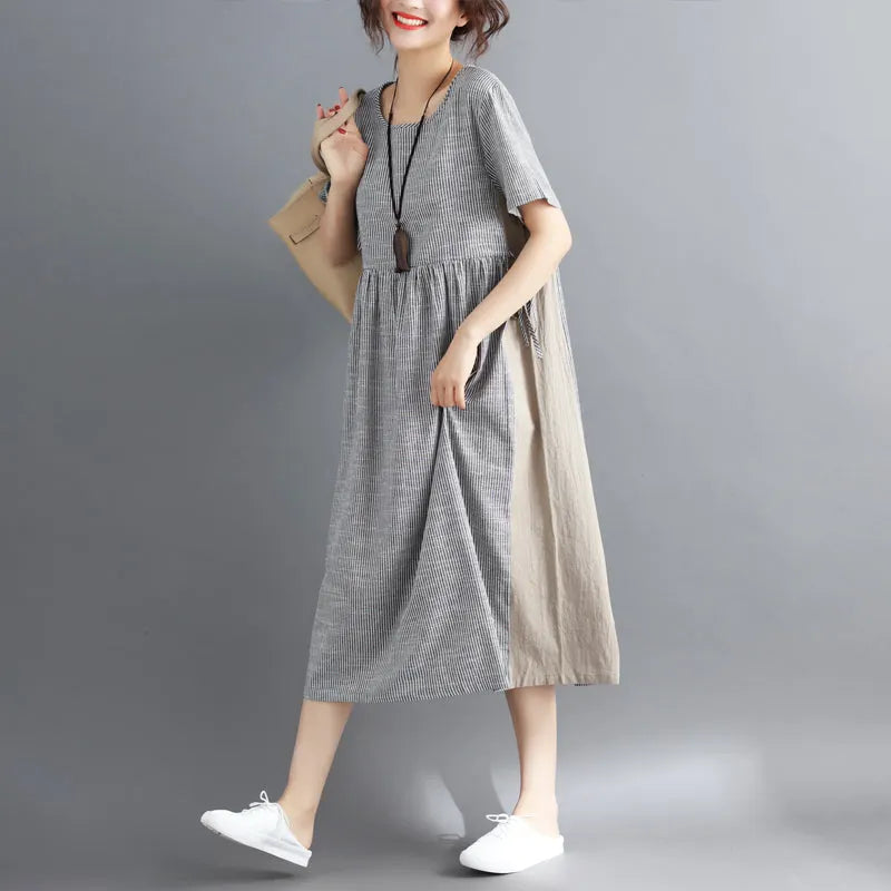 Striped Midi Cotton Linen Dresses Traveling Dress Short Sleeve Tie Waist V Neck Cotton Linen Clothing
