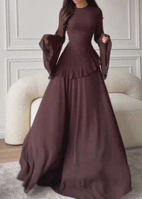 Classy Coffee O Neck Ruffled Cotton Maxi Dress Flare Sleeve