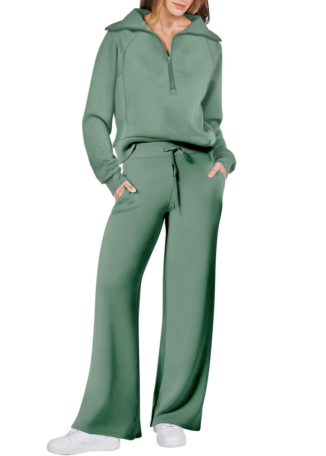Loose Light Green Zip Up Tops and Wide Leg Pants Cotton Two Pieces Set Spring