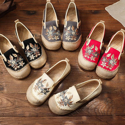 Black Embroidered Cotton Linen Fabric Splicing Flat Shoes