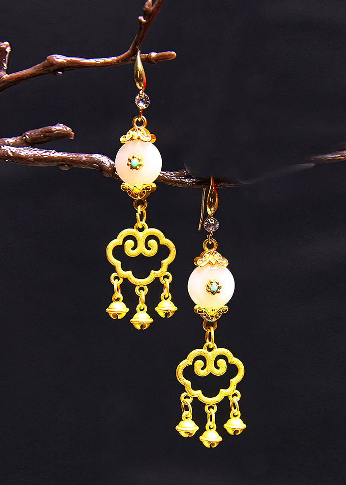 Fine White Jade Auspicious Clouds Small Bell 14k Gold Drop Earrings