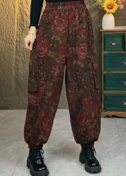 Coffee Pockets Print Elastic Waist Cotton Pants Spring