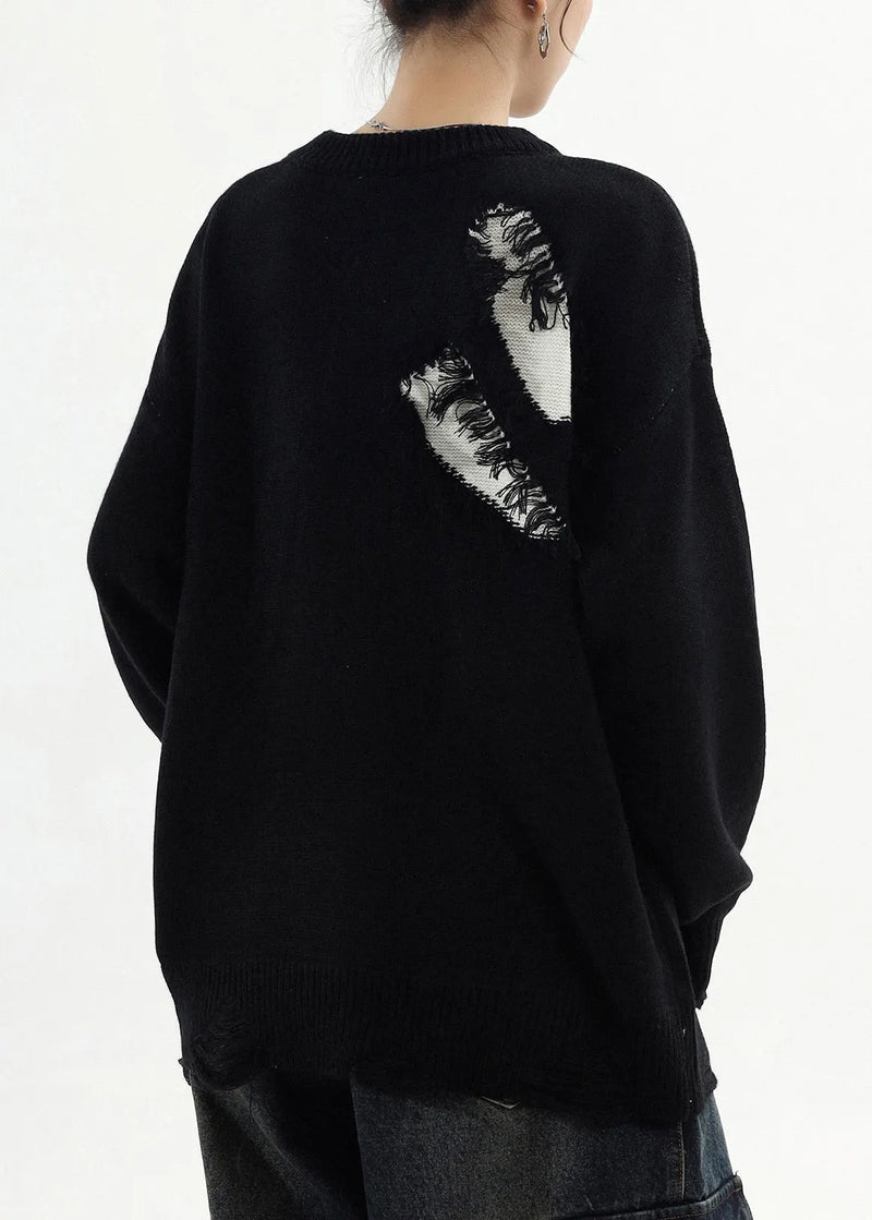 Classy Black Oversized Patchwork Ripped Sweater Tops Winter