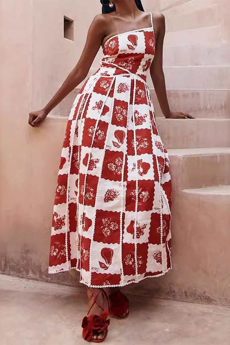 Fruit Print Lace Patchwork Oblique Collar Irregular Dresses