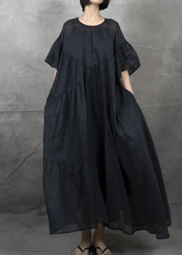 Black Wrinkled Patchwork Maxi Dress Short Sleeve