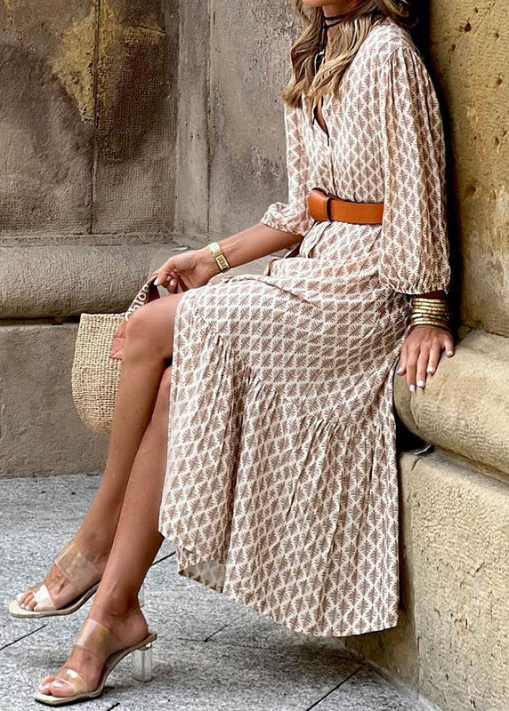 Stylish Khaki V Neck Print Button Cotton Dress Summer