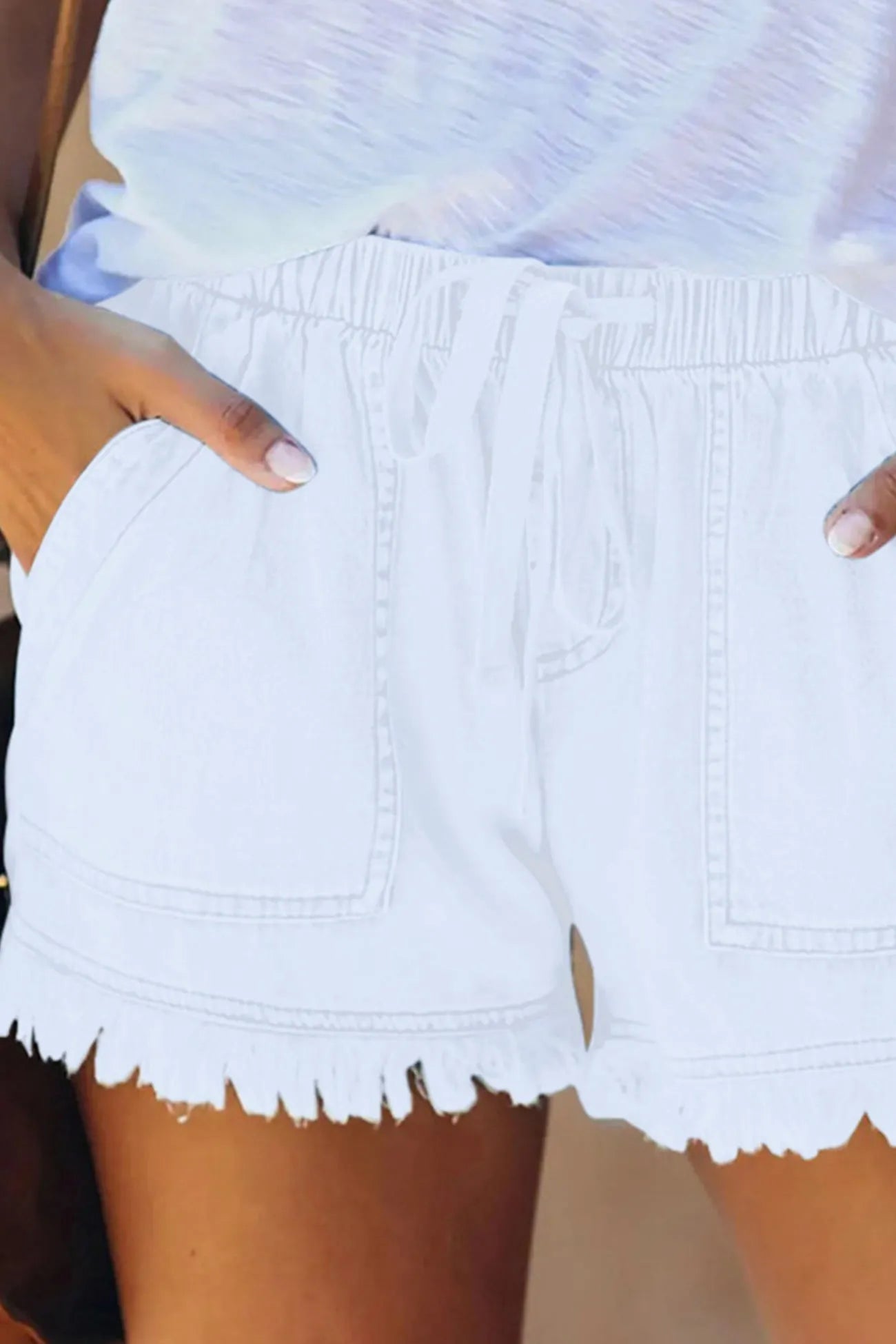 Drawstring Waist Raw Edge Denim Shorts