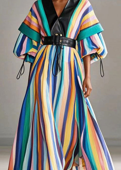 Rainbow Cinched Striped Cotton Holiday Dress Lantern Sleeve