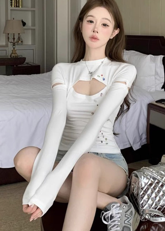 White O-neck Zircon Hollow Out Top Fall