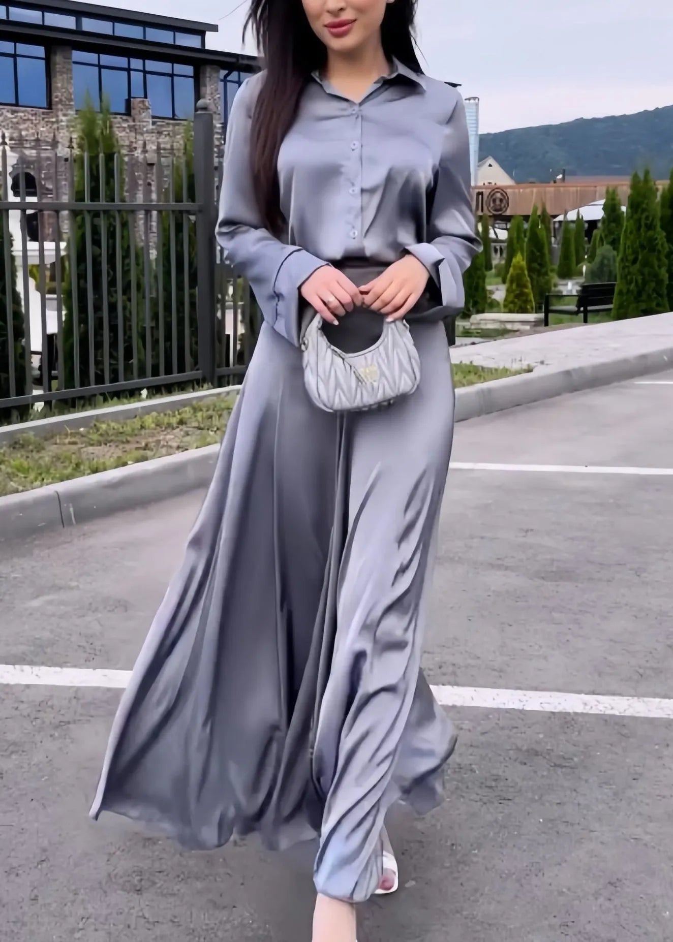 Italian Grey Peter Pan Collar Shirts and Skirts Silk Two Pieces Set Spring