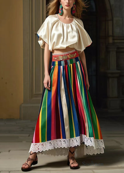 Multicolour Striped High Waist Patchwork Lace Skirts Summer