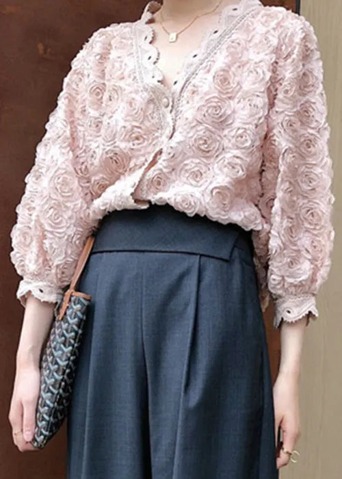Pink V Neck Button Lace Blouses Bracelet Sleeve