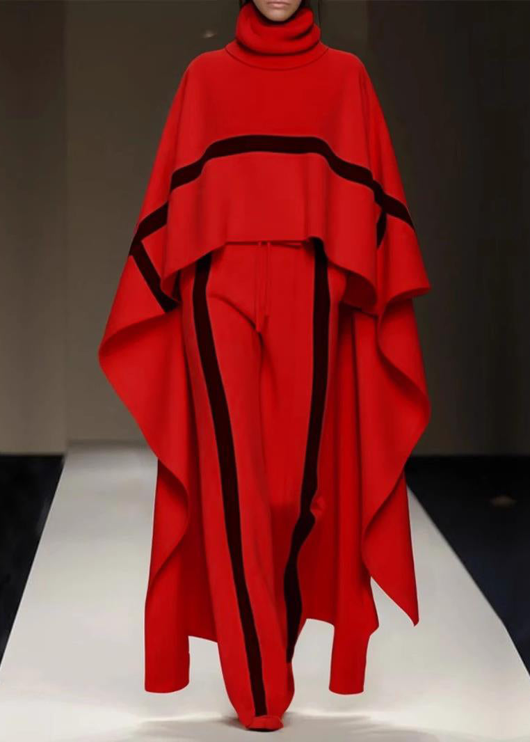 Stylish Beige Turtleneck Striped Top and Pants Two Pieces Set Batwing Sleeve
