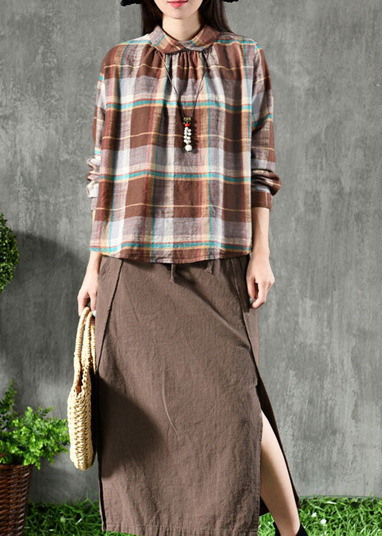 Coffee Plaid Peter Pan Collar Patchwork Linen Blouse Tops Spring