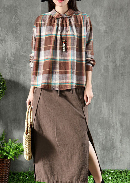 Coffee Plaid Peter Pan Collar Patchwork Linen Blouse Tops Spring