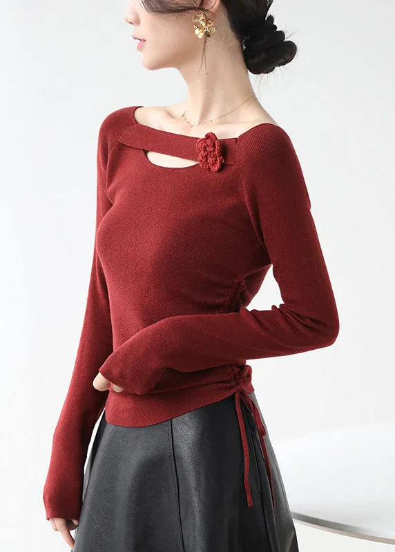 Classy Red Cinched Hollow Out Knit Shirts Winter