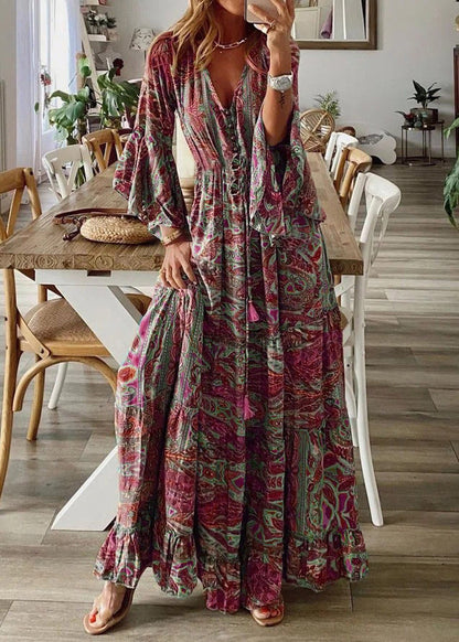 Green V Neck Print Cotton Maxi Dresses Flare Sleeve