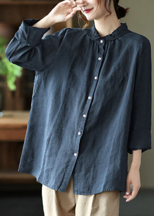 Handmade Pink Embroidered Lace Patchwork Linen Shirts Long Sleeve
