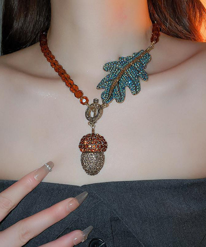 Coffee Alloy Zircon Crystal Leaves Pendant Necklace