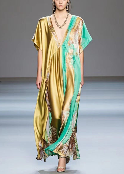 Golden Asymmetrical Design Print Silk Long Dress Summer