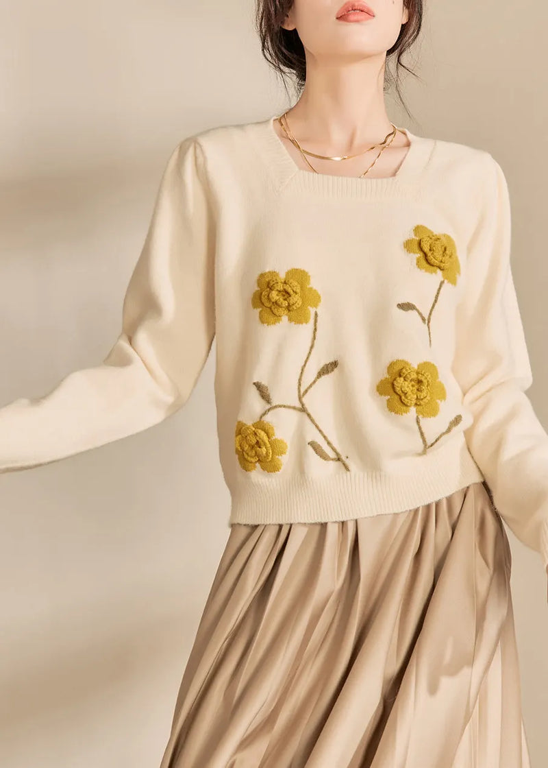Light Yellow Square Collar Cotton Knit Sweaters Winter