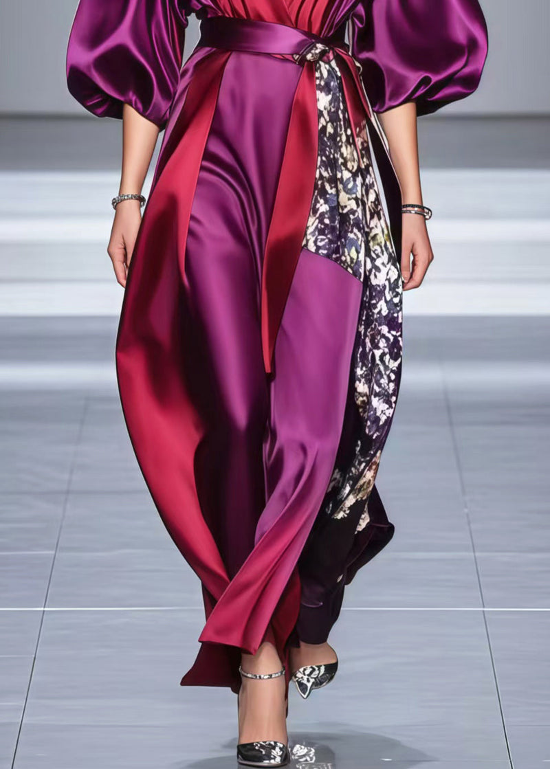 Purple Asymmetrical Patchwork Silk Dresses Lantern Sleeve