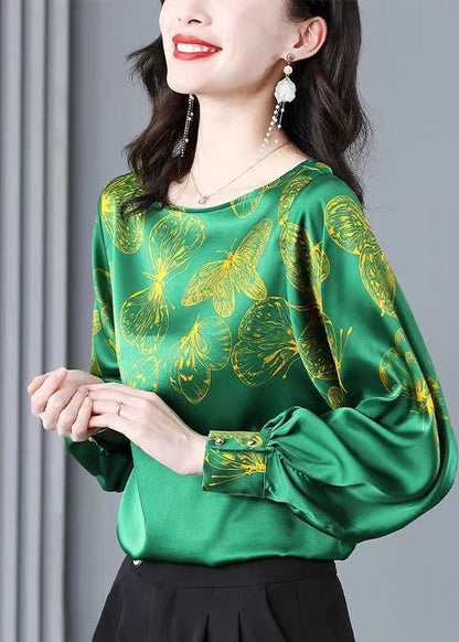 Green O-neck Butterfly Print Silk Blouse Tops Long Sleeve