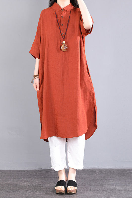 -summer Short-sleeved Long Shirt Color Cotton Linen Dress